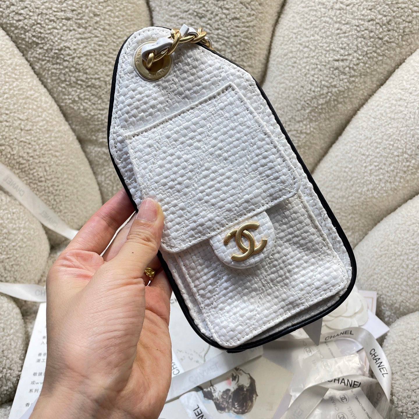 Chanel 25C Cruise Woven Drawstring Mini Bucket Bag White & Gold