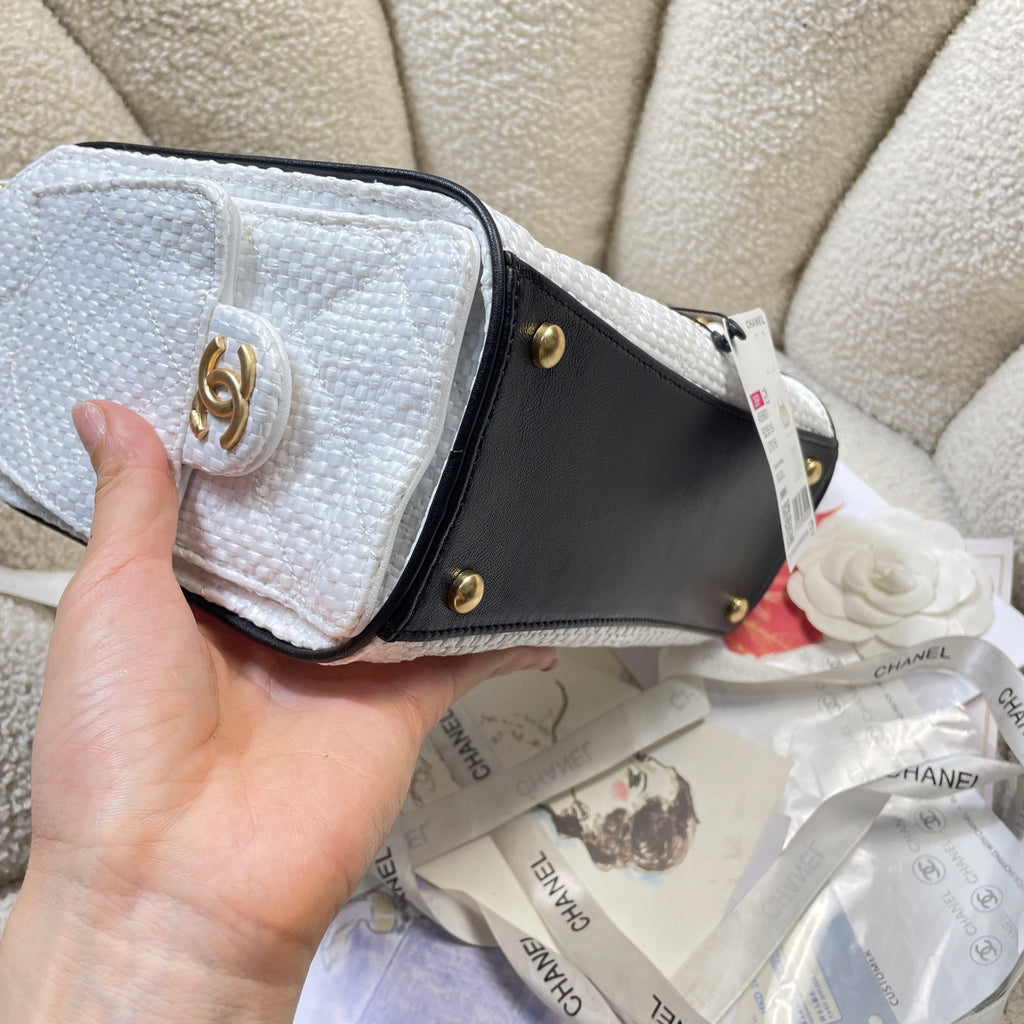 Chanel 25C Cruise Woven Drawstring Mini Bucket Bag White & Gold