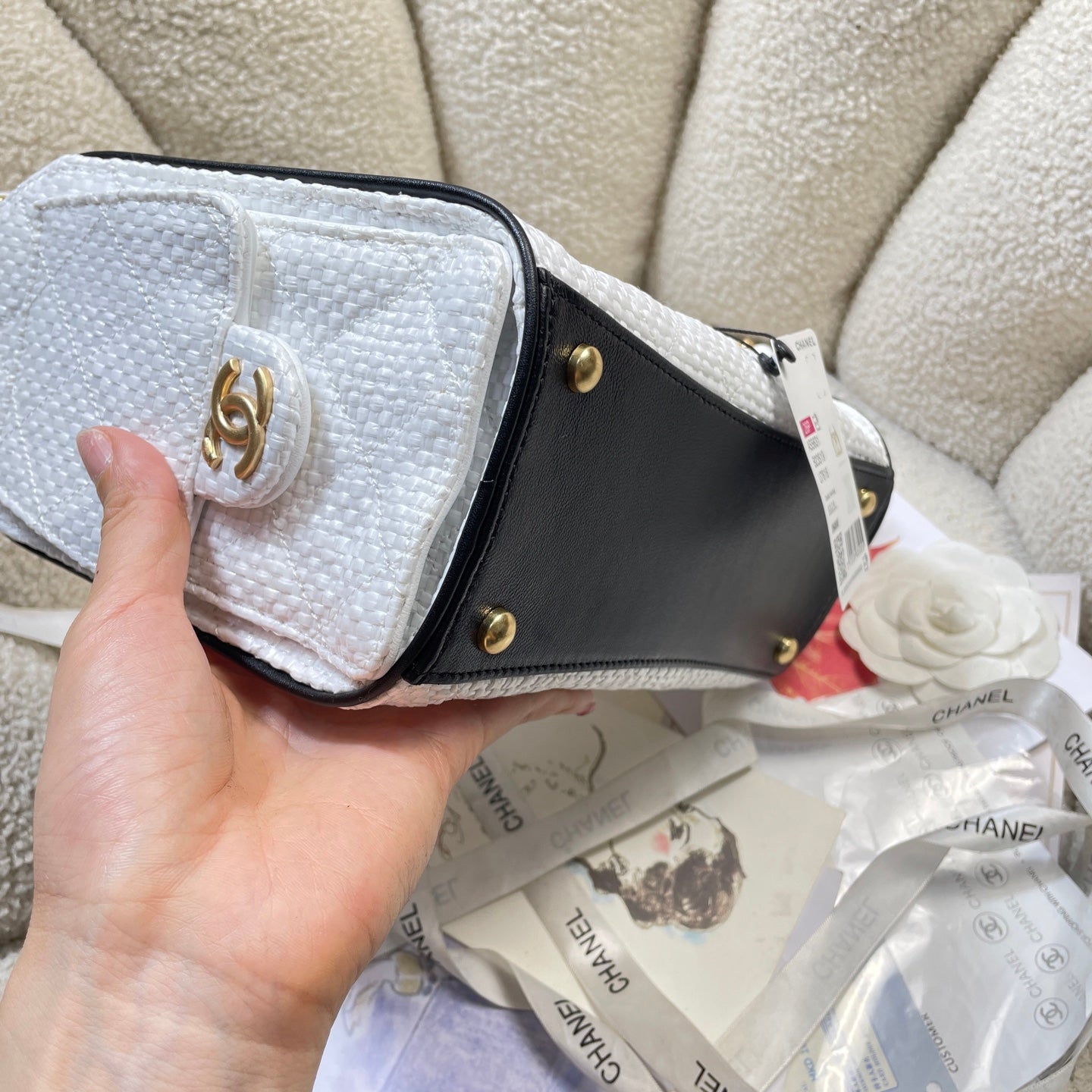Chanel 25C Cruise Woven Drawstring Mini Bucket Bag White & Gold