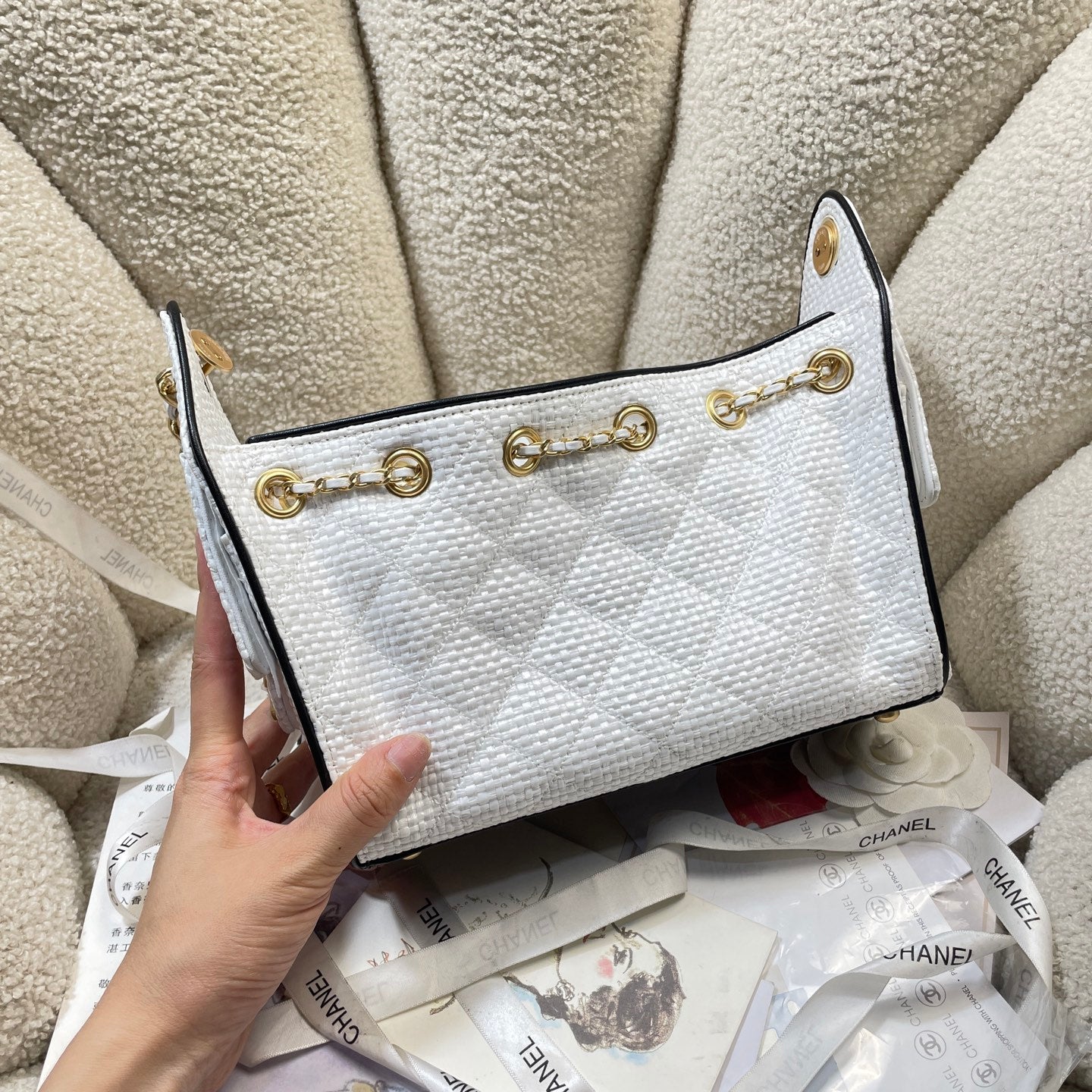 Chanel 25C Cruise Woven Drawstring Mini Bucket Bag White & Gold
