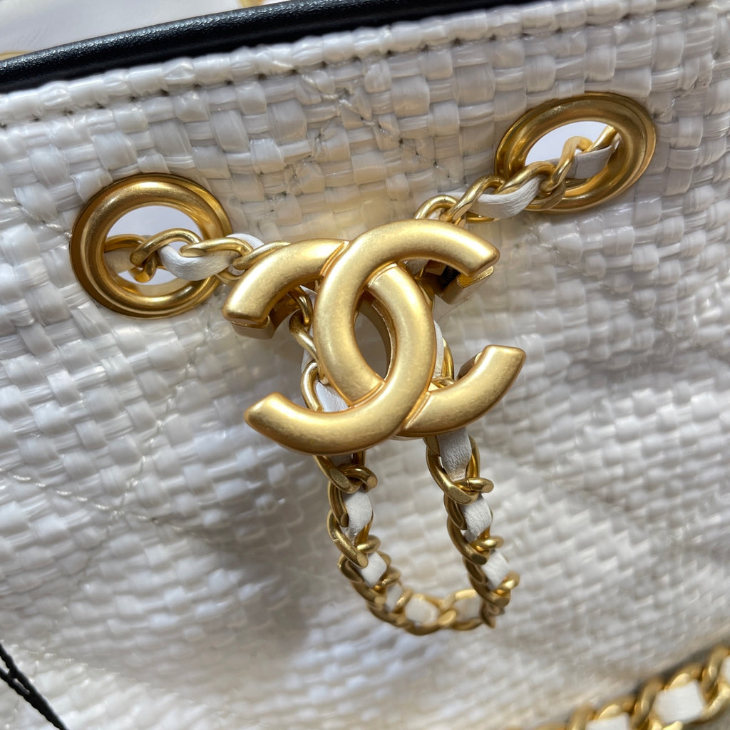 Chanel 25C Cruise Woven Drawstring Mini Bucket Bag White & Gold