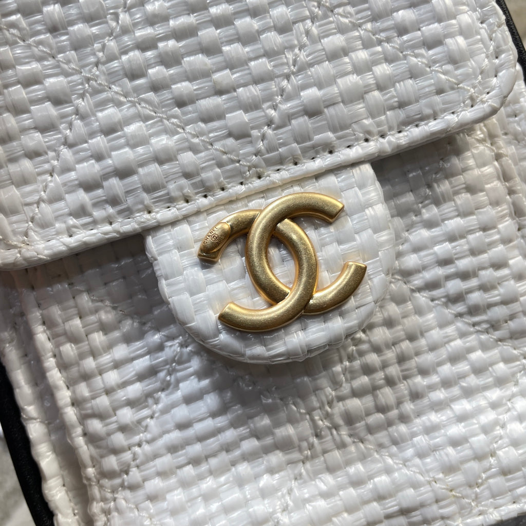 Chanel 25C Cruise Woven Drawstring Mini Bucket Bag White & Gold