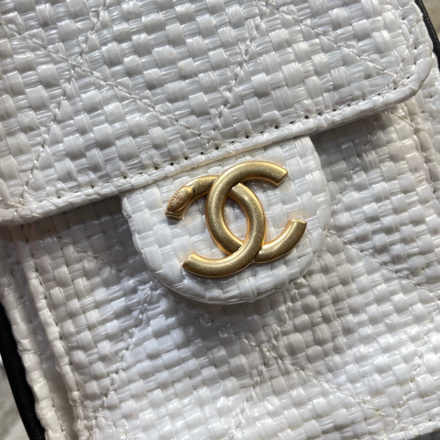 Chanel 25C Cruise Woven Drawstring Mini Bucket Bag White & Gold