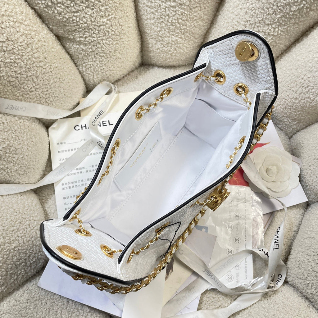 Chanel 25C Cruise Woven Drawstring Mini Bucket Bag White & Gold