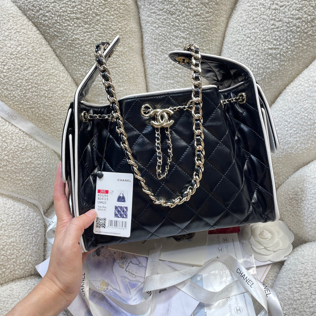 Chanel 25C Cruise Quilted Lambskin Drawstring Bucket Bag Black & Silver