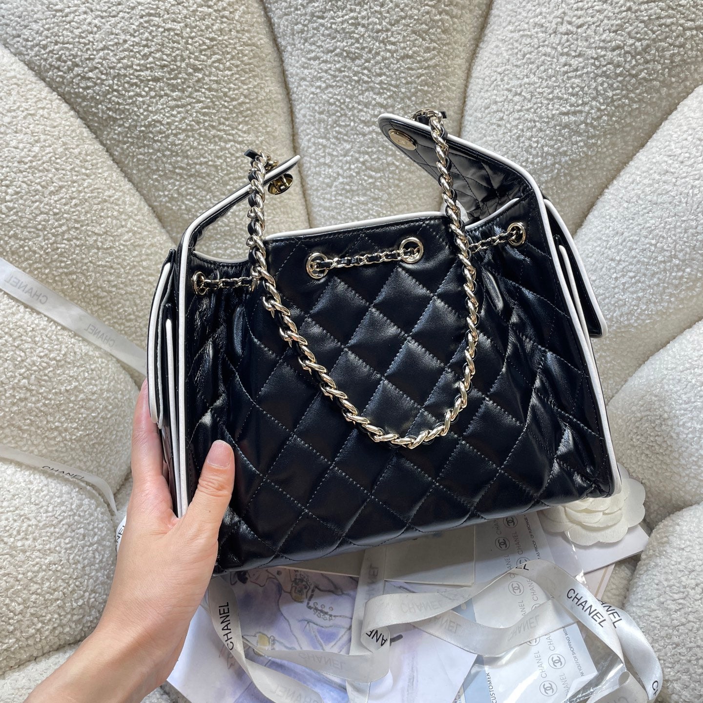 Chanel 25C Cruise Quilted Lambskin Drawstring Bucket Bag Black & Silver