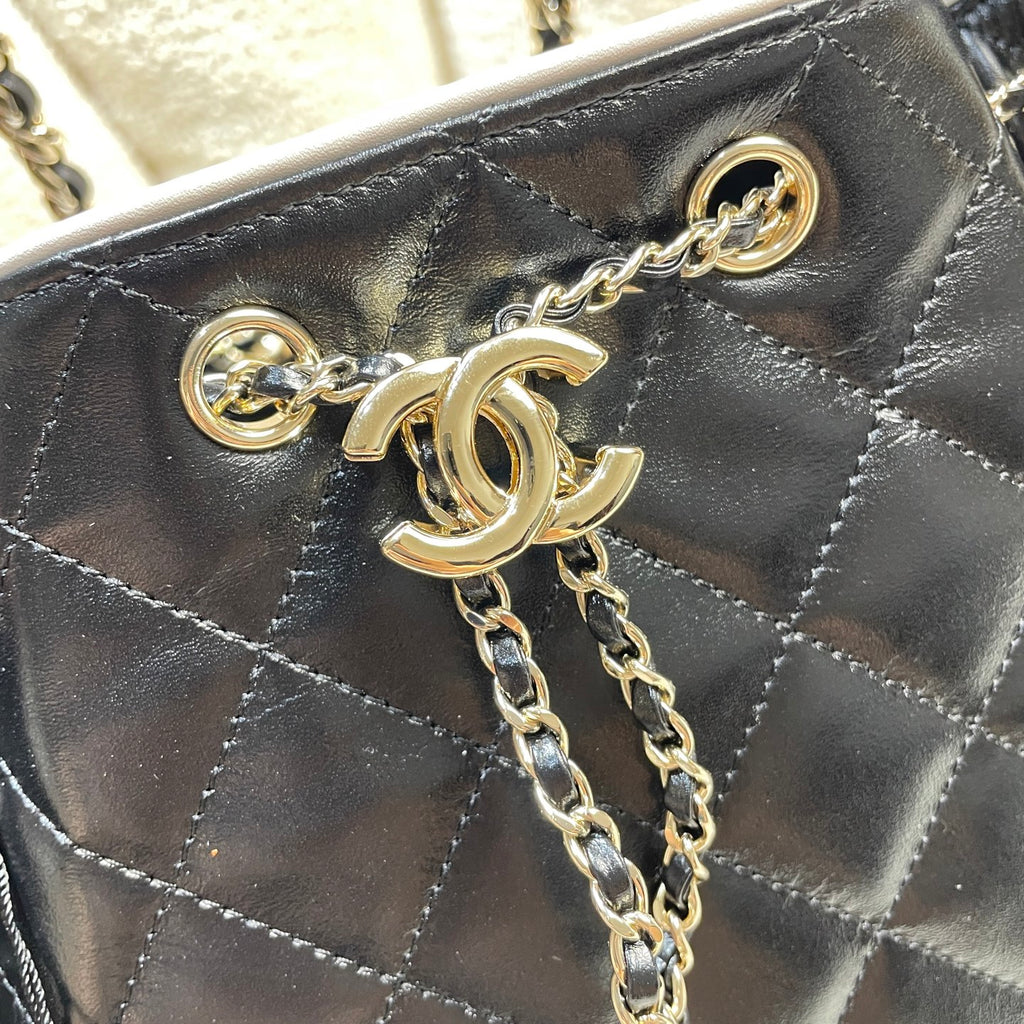 Chanel 25C Cruise Quilted Lambskin Drawstring Bucket Bag Black & Silver