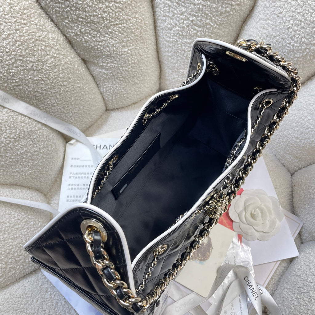 Chanel 25C Cruise Quilted Lambskin Drawstring Bucket Bag Black & Silver