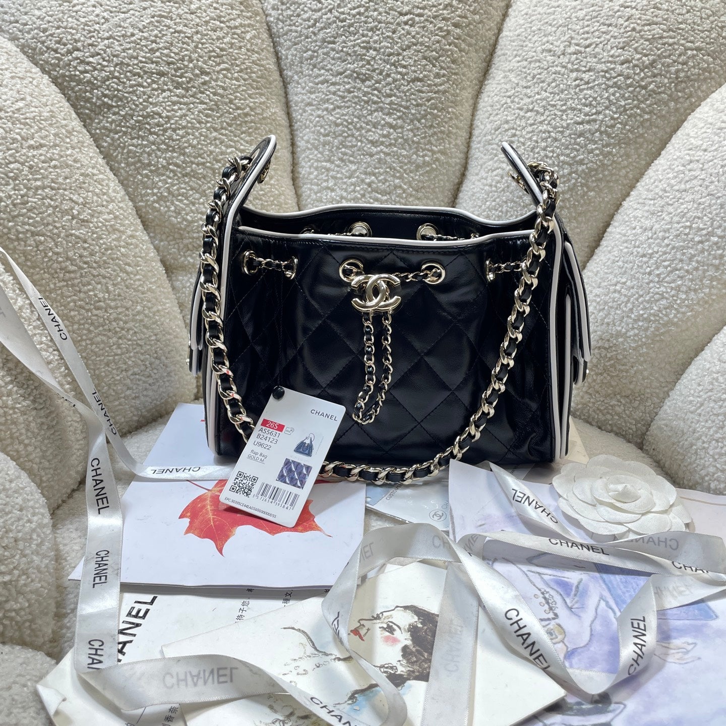 Chanel 25C Cruise Quilted Lambskin Drawstring Mini Bucket Bag Black & Silver