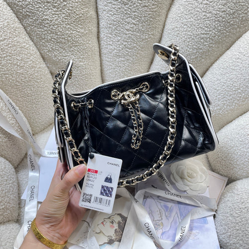 Chanel 25C Cruise Quilted Lambskin Drawstring Mini Bucket Bag Black & Silver