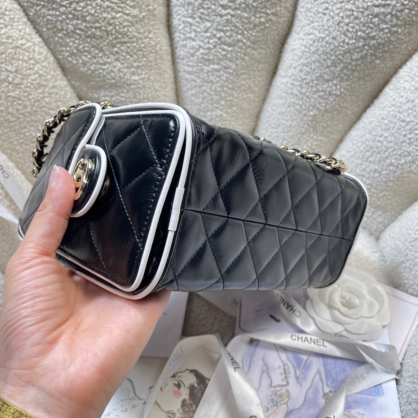 Chanel 25C Cruise Quilted Lambskin Drawstring Mini Bucket Bag Black & Silver