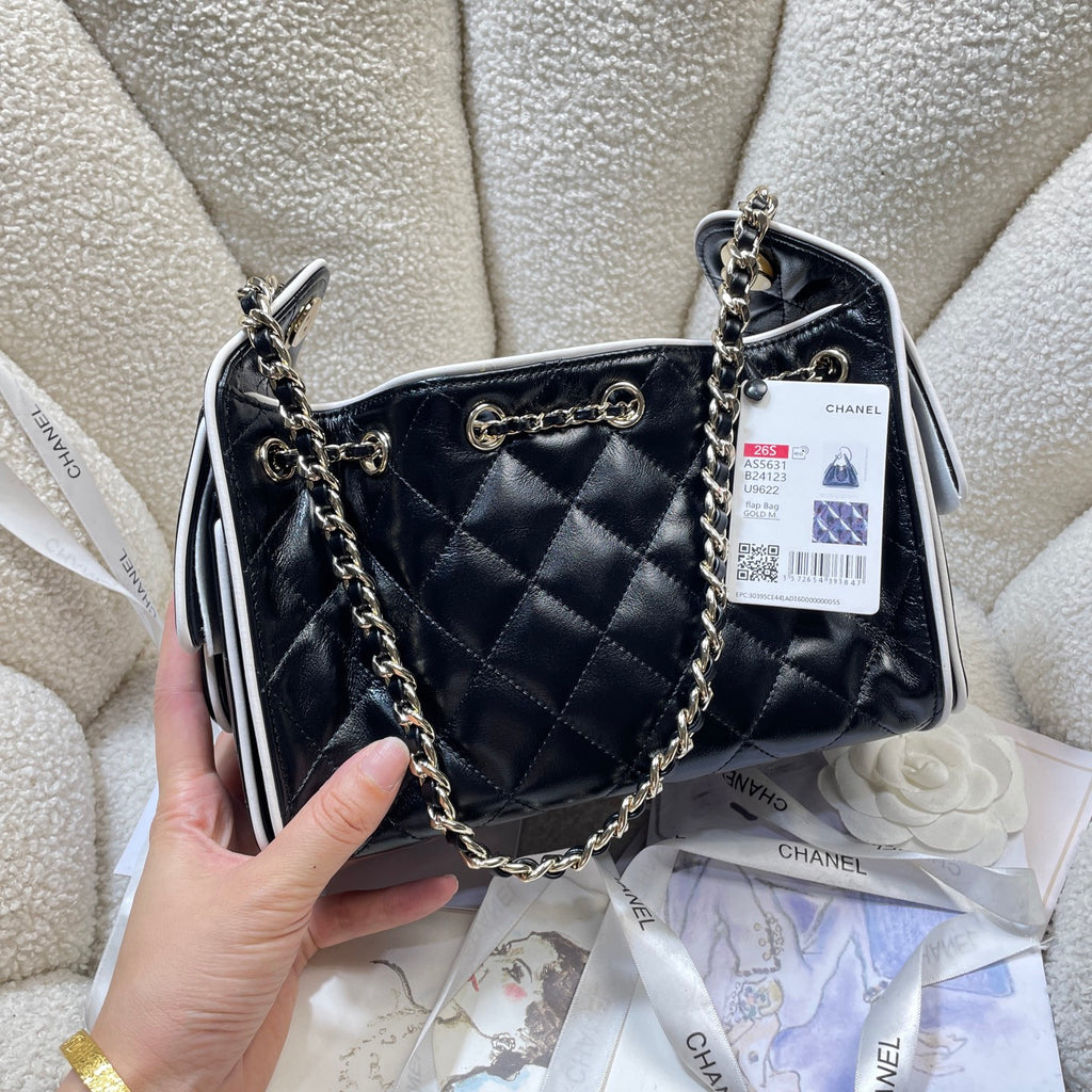 Chanel 25C Cruise Quilted Lambskin Drawstring Mini Bucket Bag Black & Silver