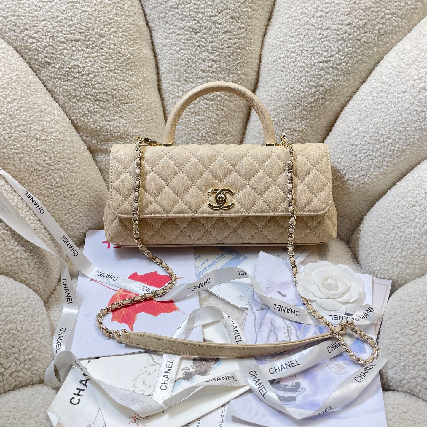 Chanel 26P Coco Handle Horizontal Flap Bag Beige Caviar & Gold