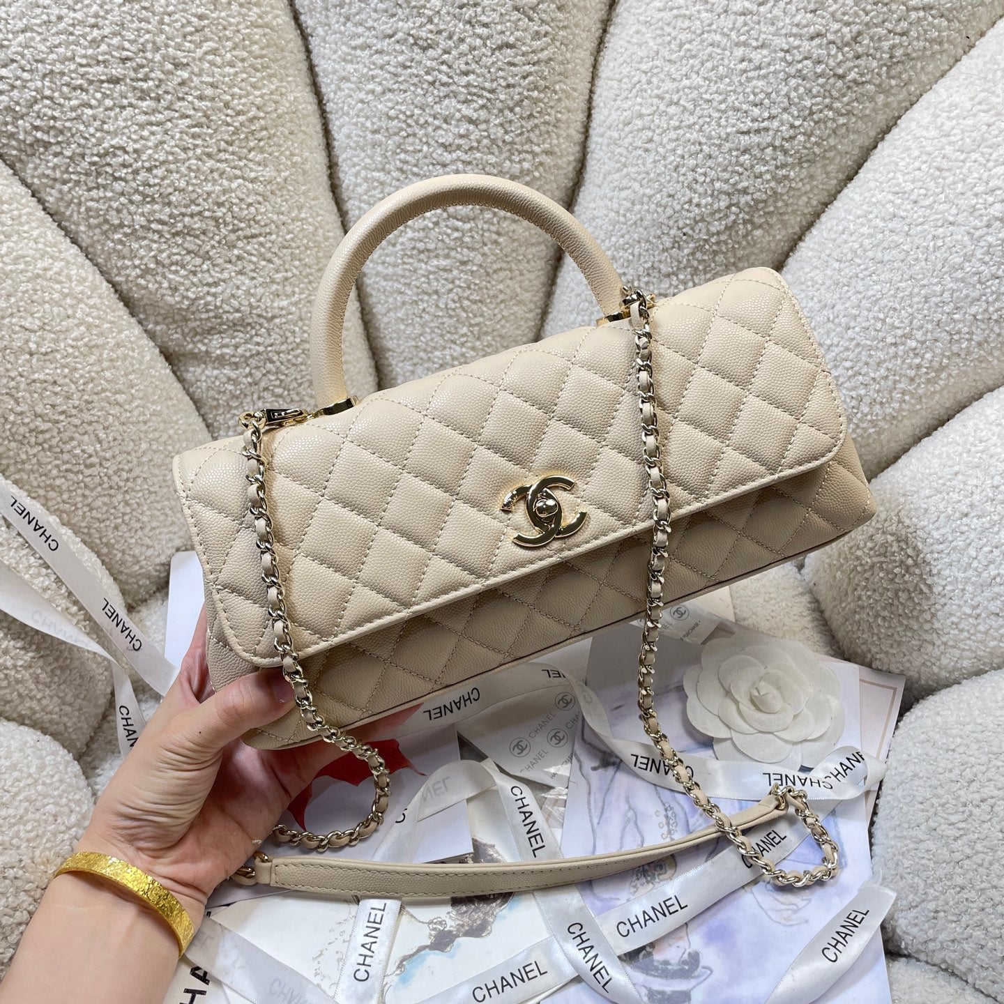 Chanel 26P Coco Handle Horizontal Flap Bag Beige Caviar & Gold