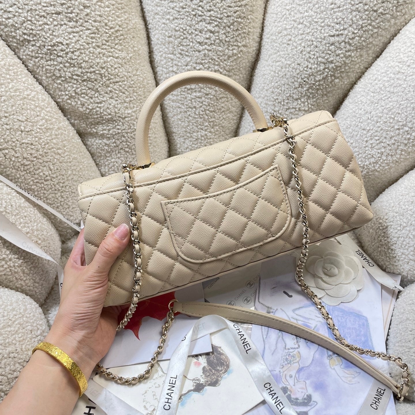 Chanel 26P Coco Handle Horizontal Flap Bag Beige Caviar & Gold