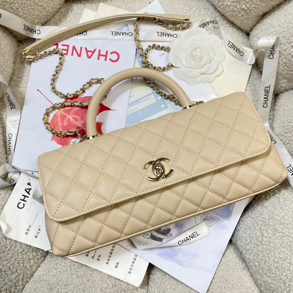 Chanel 26P Coco Handle Horizontal Flap Bag Beige Caviar & Gold