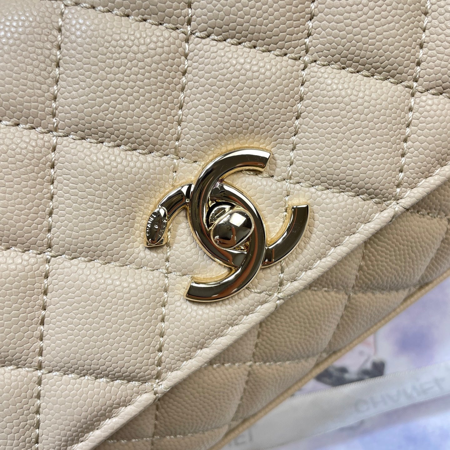 Chanel 26P Coco Handle Horizontal Flap Bag Beige Caviar & Gold