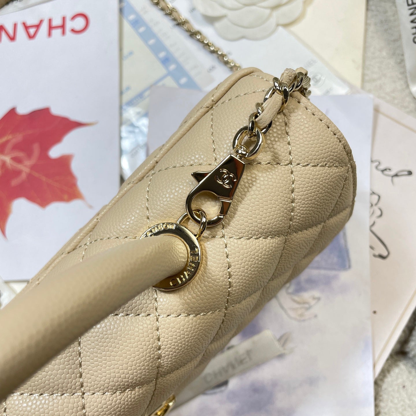 Chanel 26P Coco Handle Horizontal Flap Bag Beige Caviar & Gold