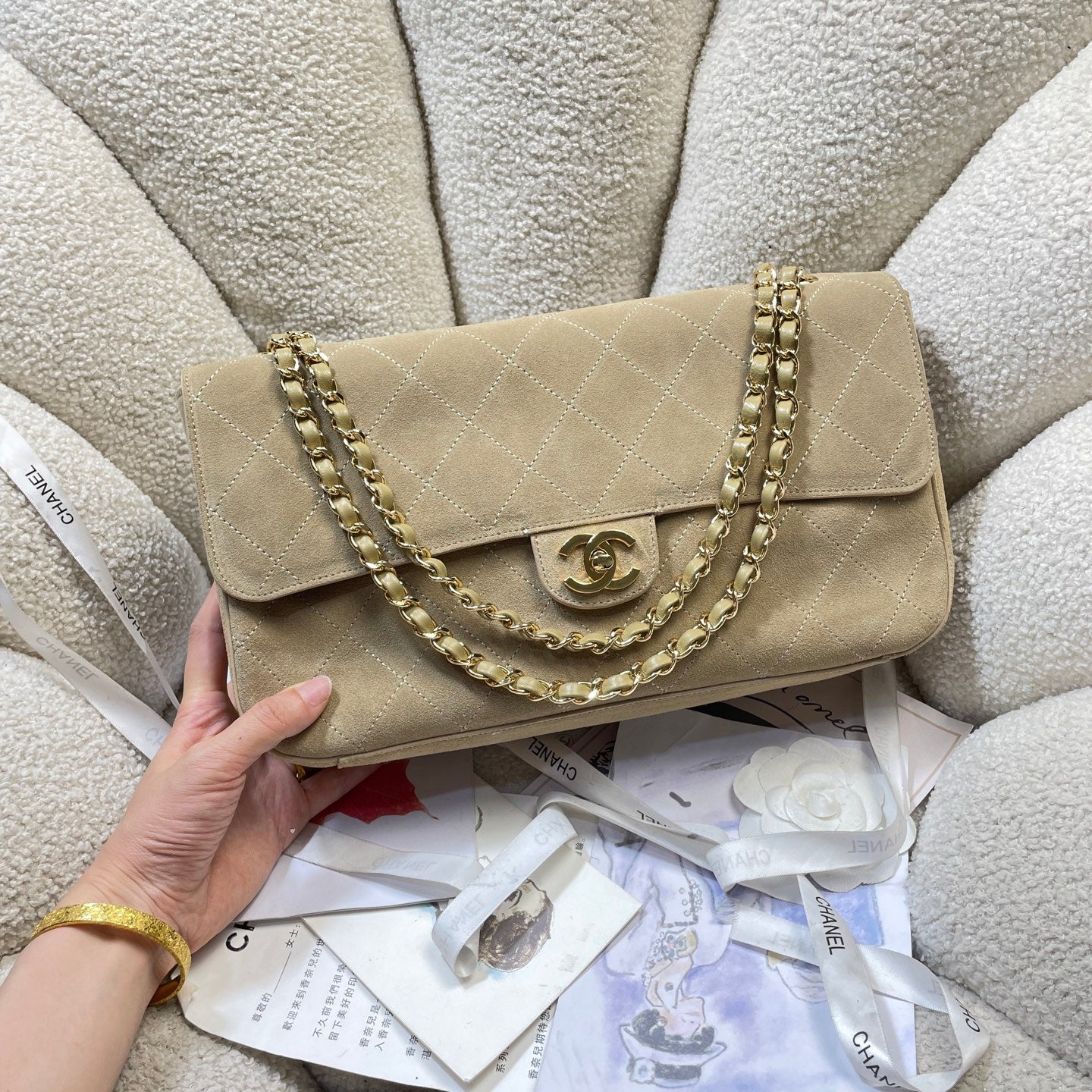 Chanel 26S Classic Flap Bag Beige Suede & Gold