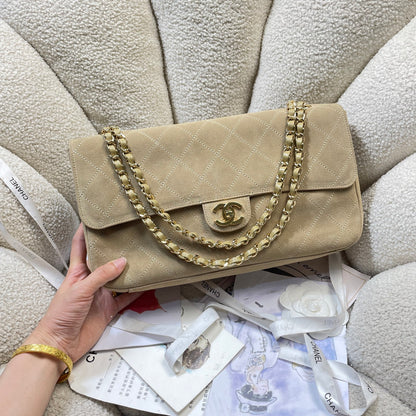 Chanel 26S Classic Flap Bag Beige Suede & Gold