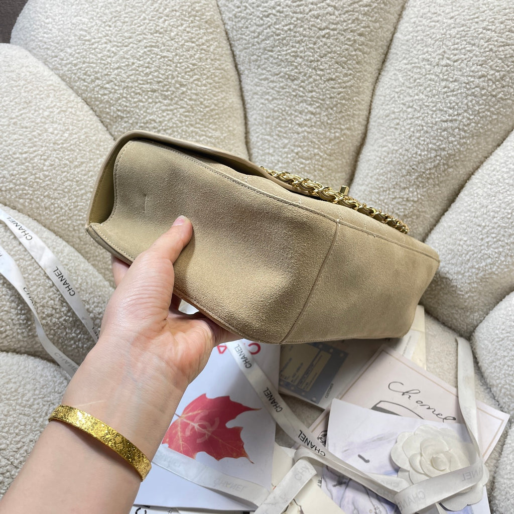 Chanel 26S Classic Flap Bag Beige Suede & Gold