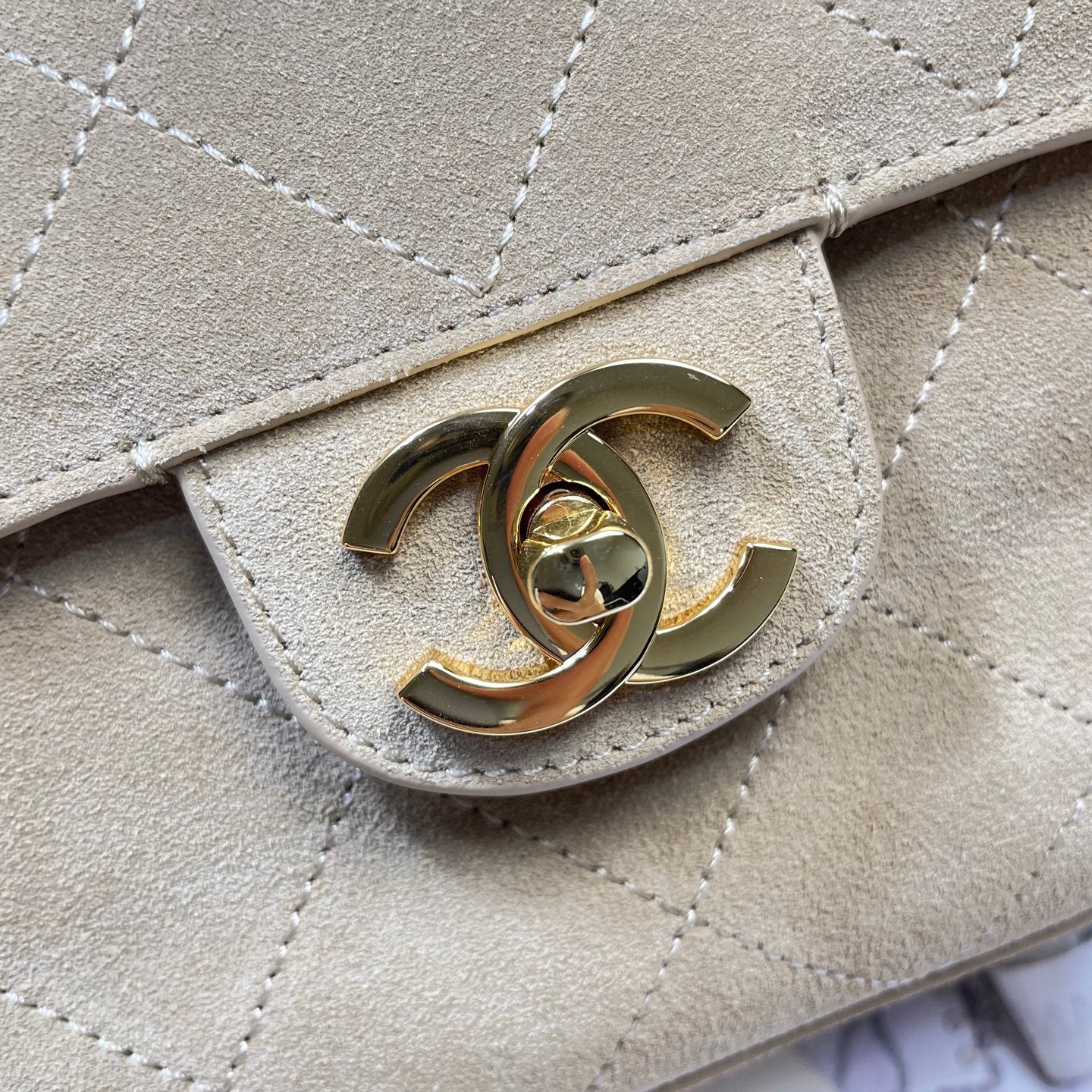 Chanel 26S Classic Flap Bag Beige Suede & Gold