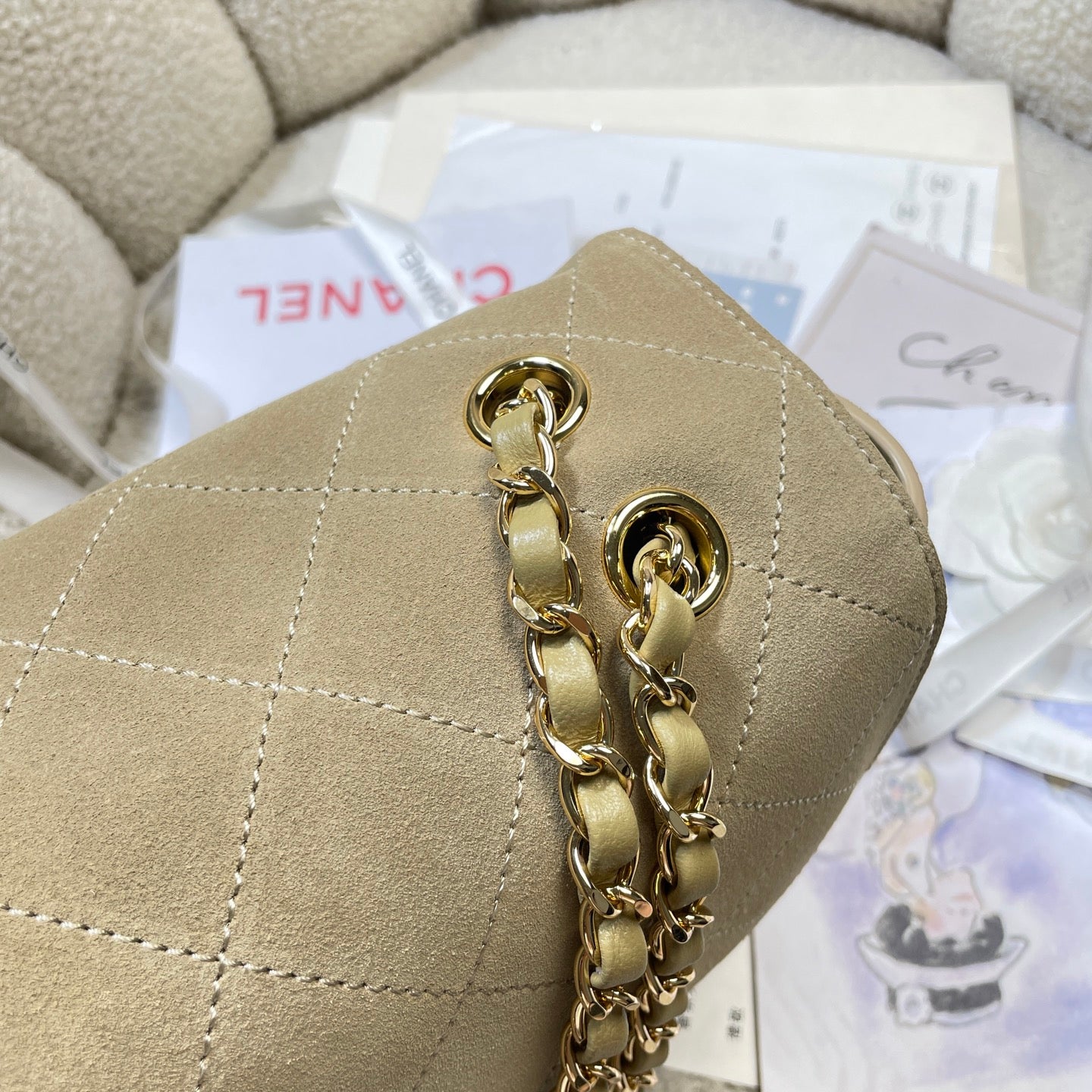 Chanel 26S Classic Flap Bag Beige Suede & Gold