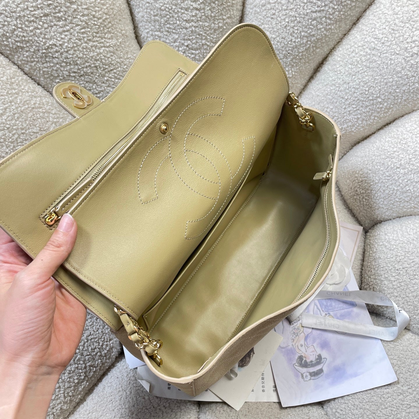 Chanel 26S Classic Flap Bag Beige Suede & Gold