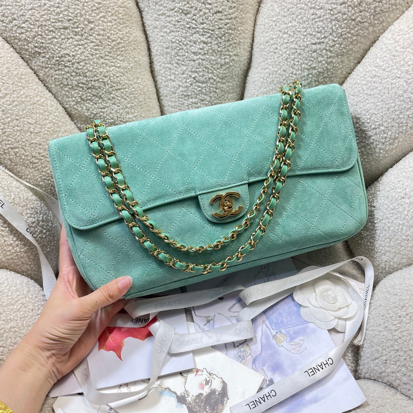 Chanel 26S Classic Flap Bag Mint Green Suede & Gold
