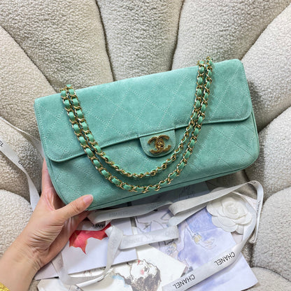 Chanel 26S Classic Flap Bag Mint Green Suede & Gold