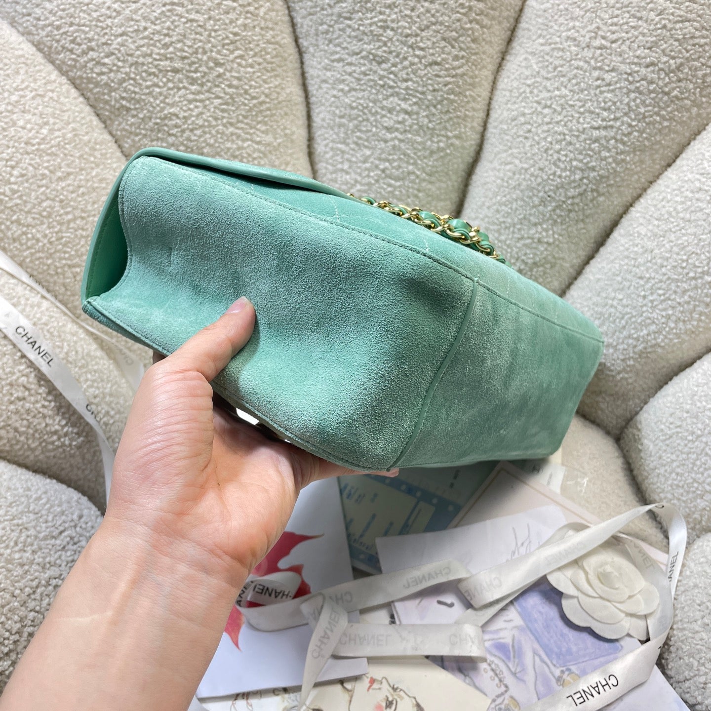 Chanel 26S Classic Flap Bag Mint Green Suede & Gold