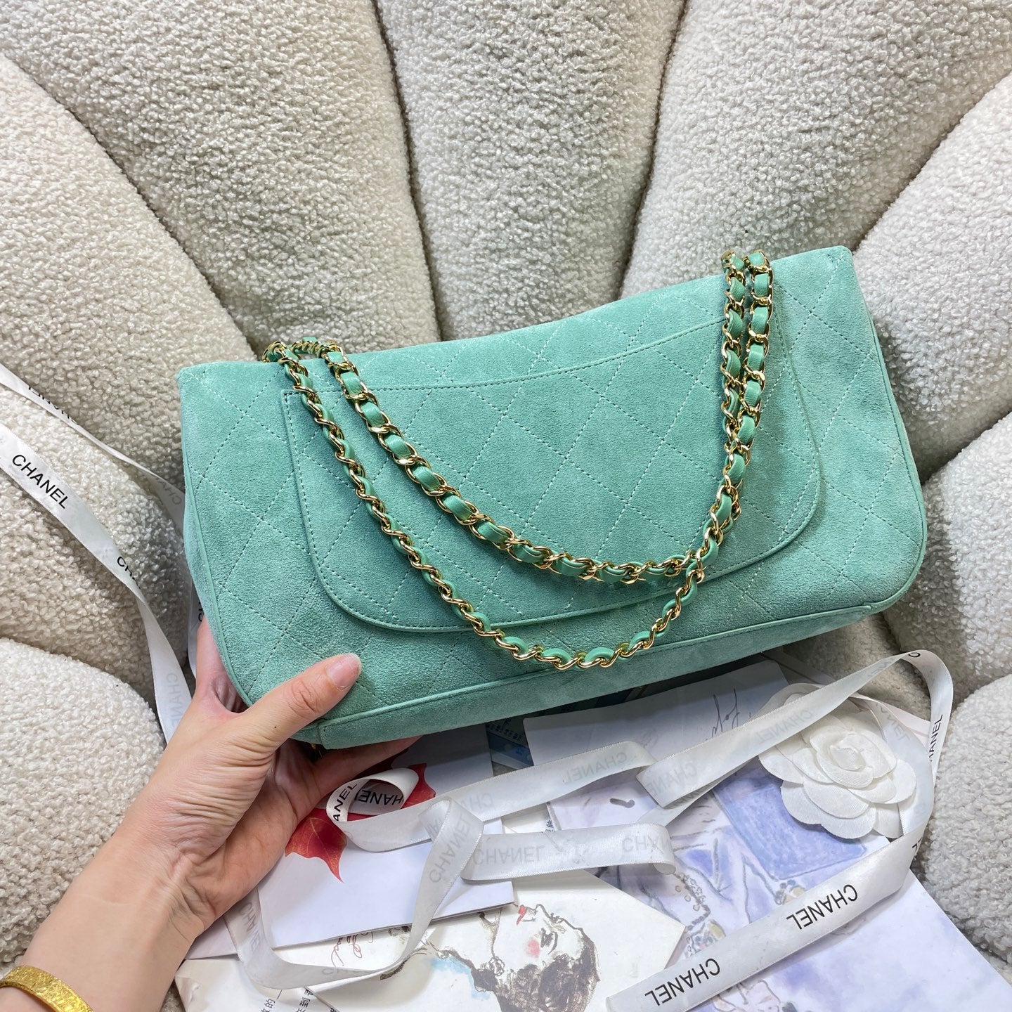 Chanel 26S Classic Flap Bag Mint Green Suede & Gold