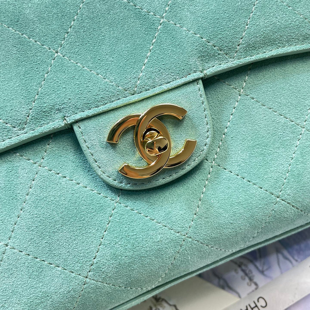 Chanel 26S Classic Flap Bag Mint Green Suede & Gold