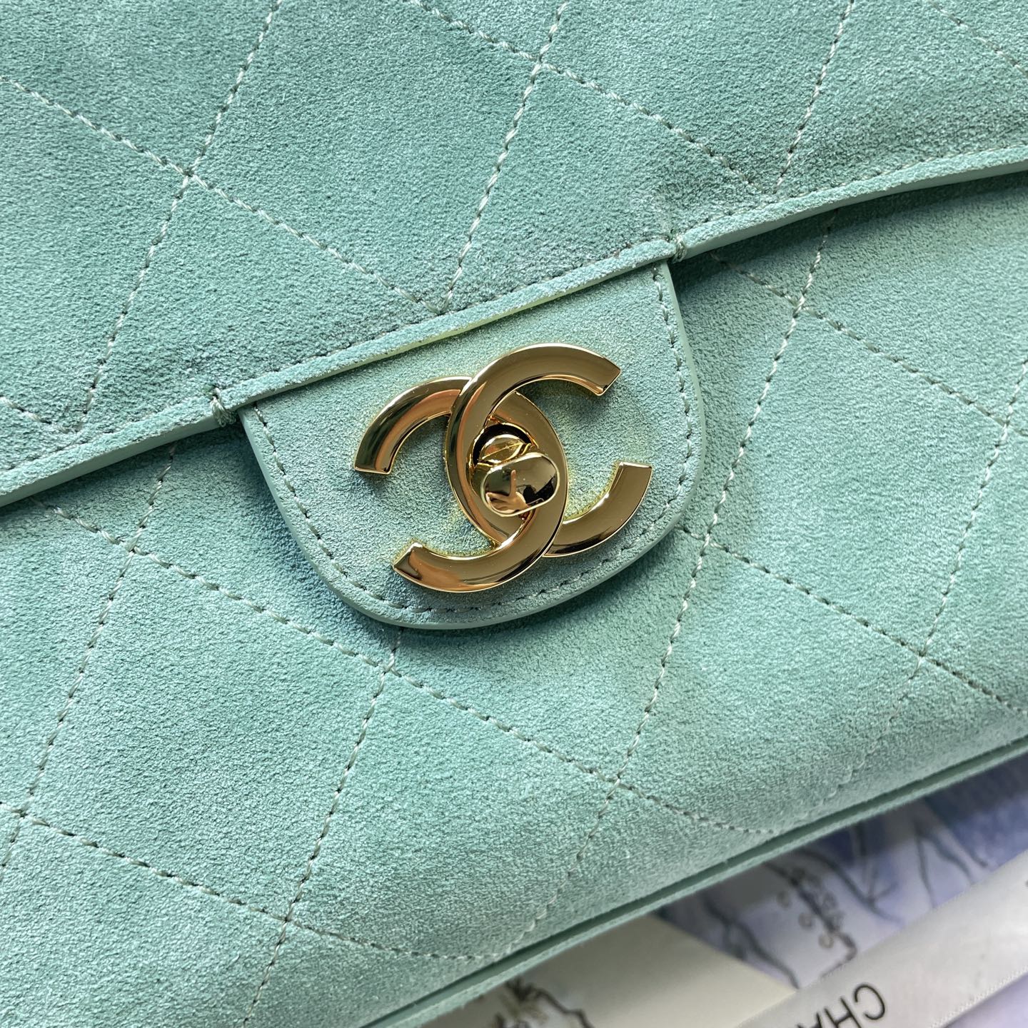 Chanel 26S Classic Flap Bag Mint Green Suede & Gold