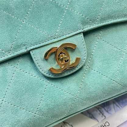 Chanel 26S Classic Flap Bag Mint Green Suede & Gold