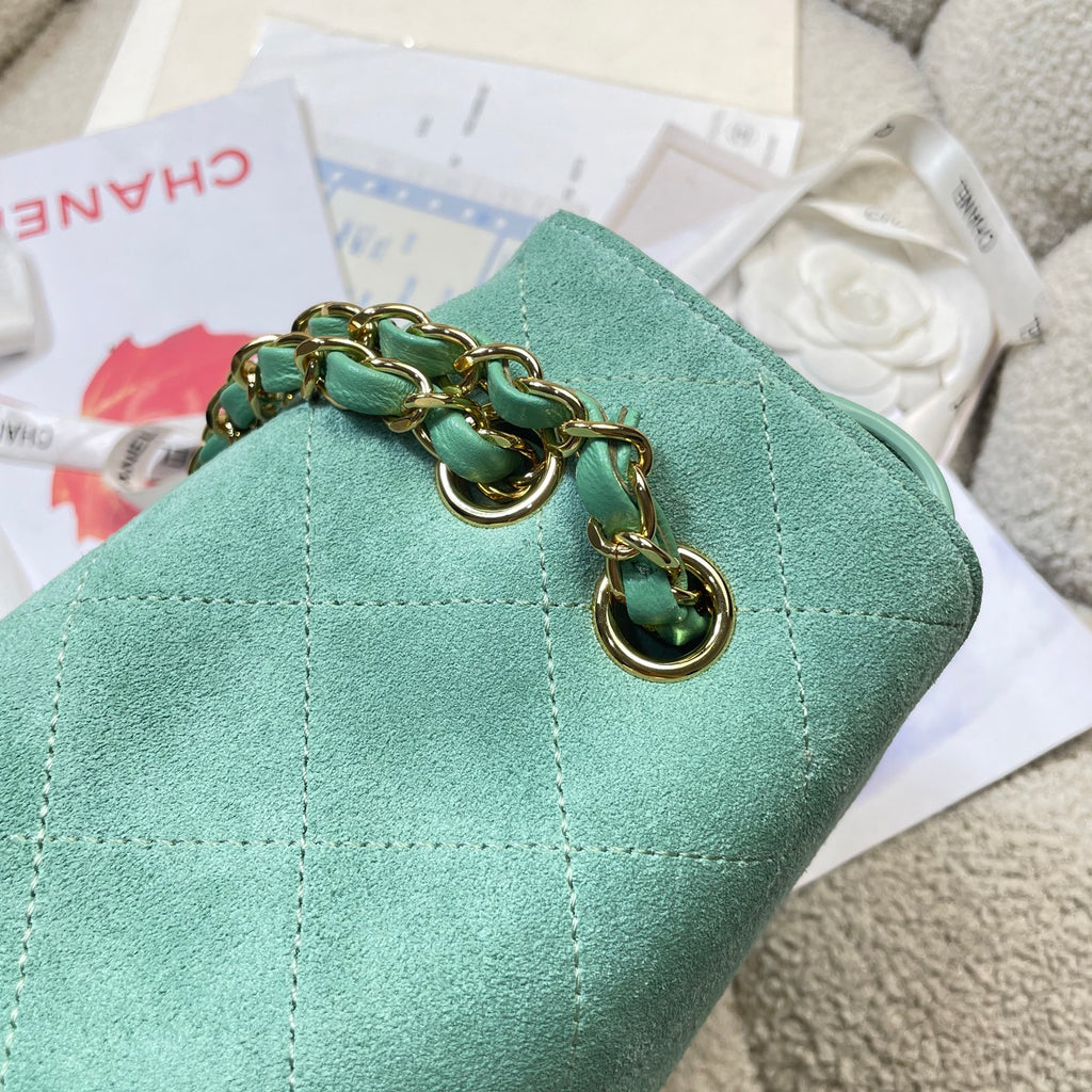 Chanel 26S Classic Flap Bag Mint Green Suede & Gold