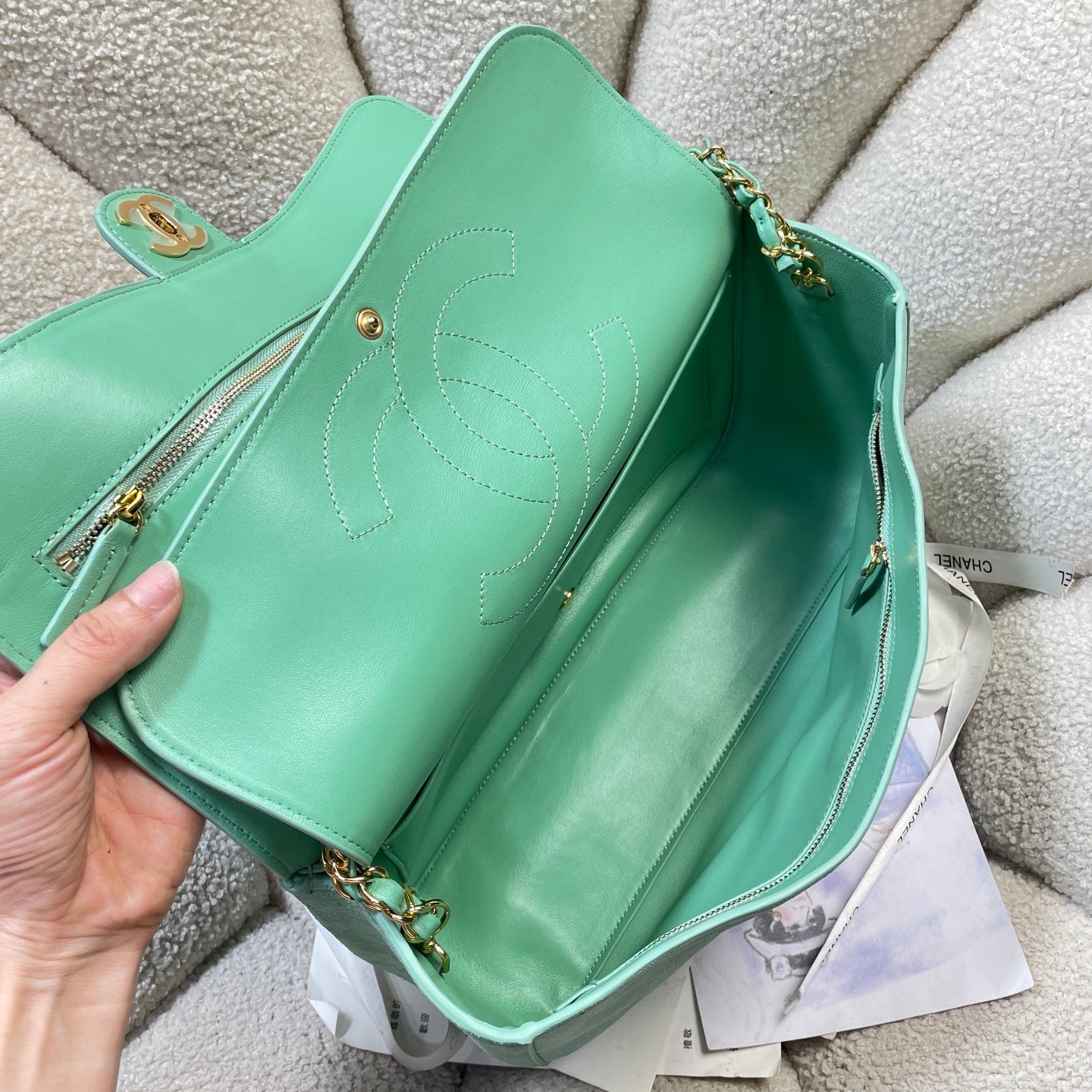 Chanel 26S Classic Flap Bag Mint Green Suede & Gold