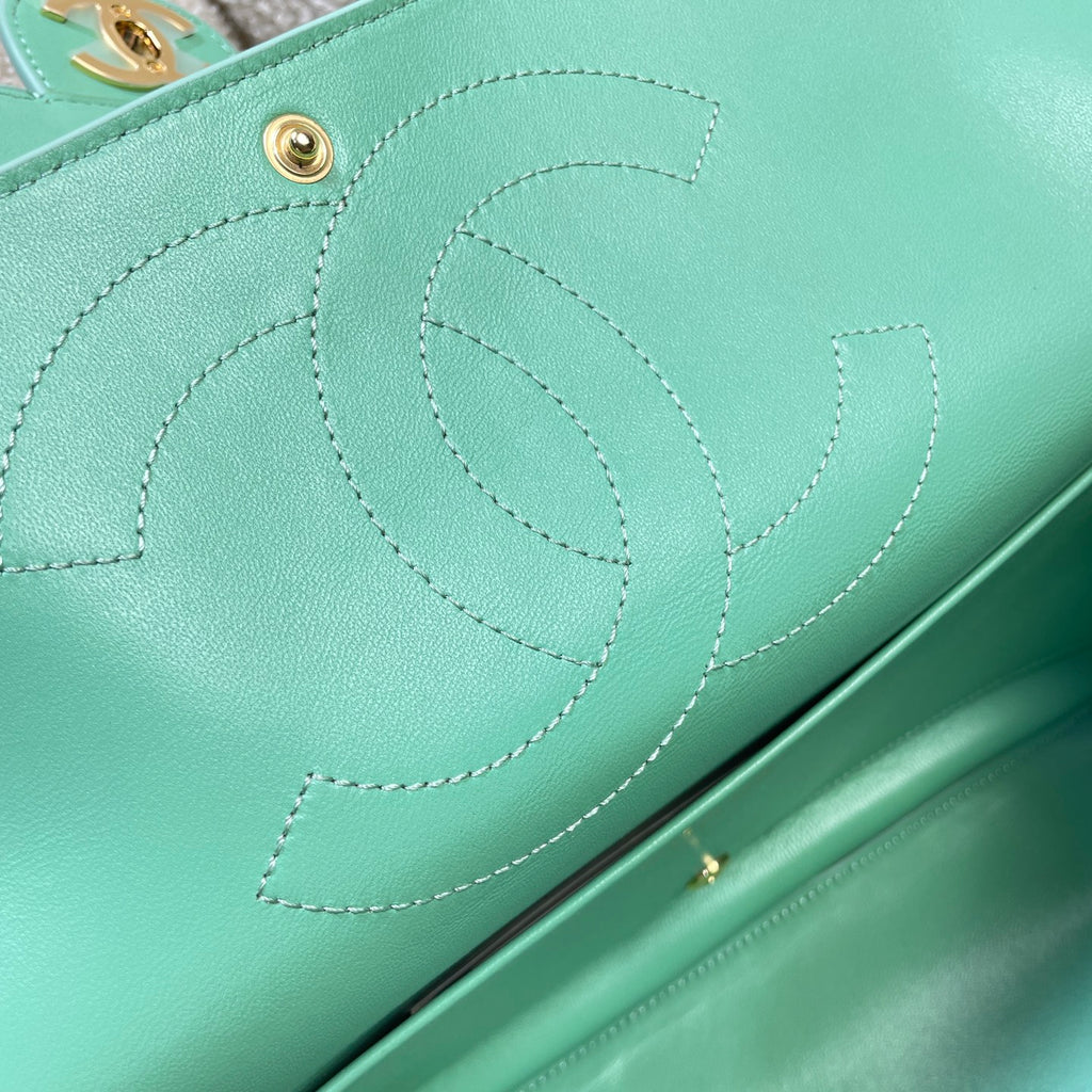 Chanel 26S Classic Flap Bag Mint Green Suede & Gold