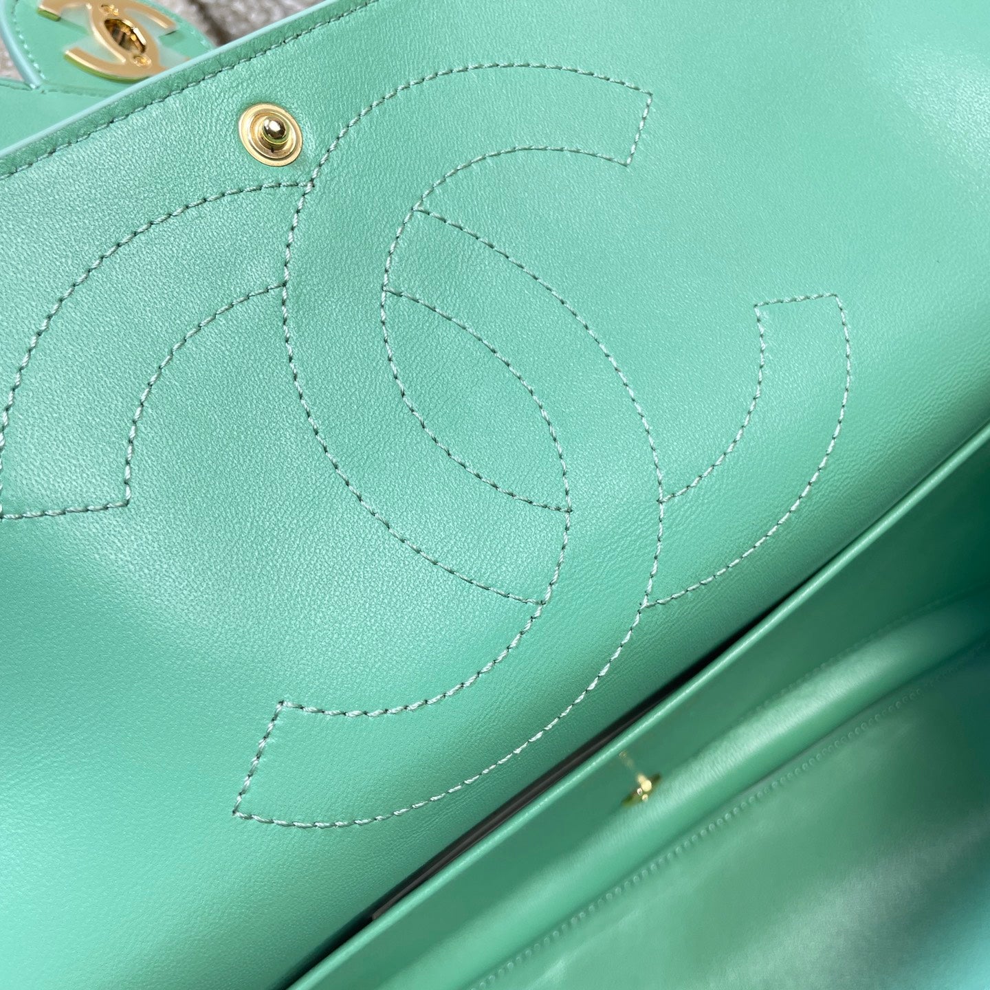 Chanel 26S Classic Flap Bag Mint Green Suede & Gold