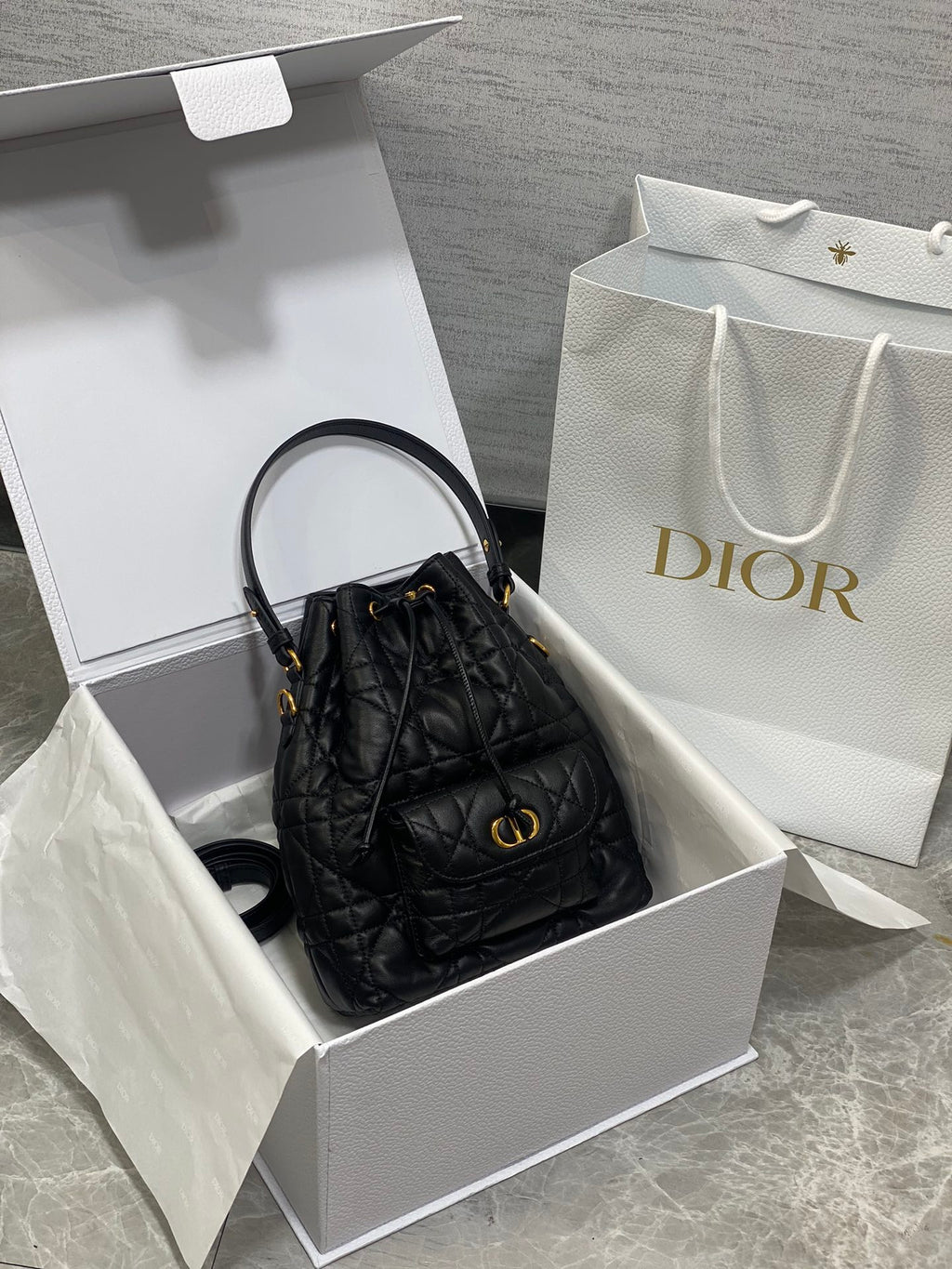 Dior Caro Bucket Bag Cannage Lambskin & Gold — New | 3 Colors Available