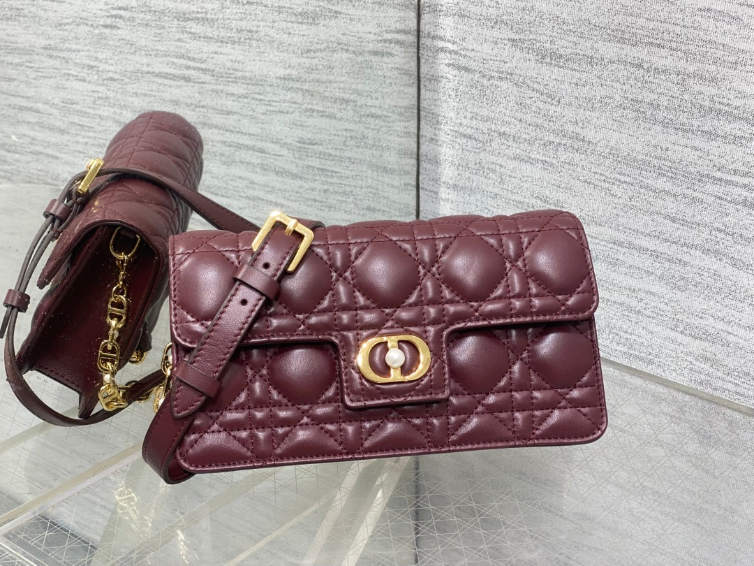 Dior Jolie Flap Bag Burgundy Cannage Lambskin & Gold Pearl — New