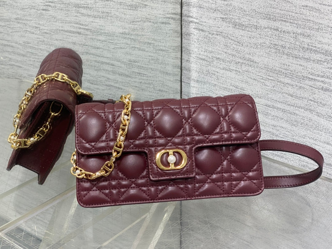 Dior Jolie Flap Bag Burgundy Cannage Lambskin & Gold Pearl — New