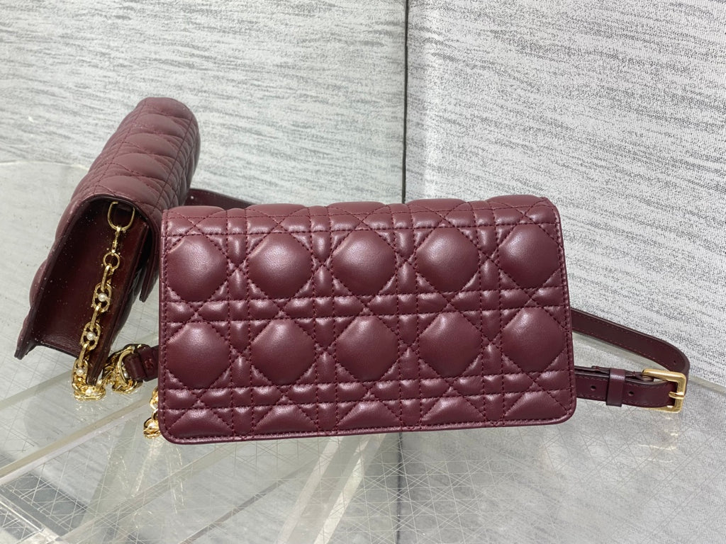 Dior Jolie Flap Bag Burgundy Cannage Lambskin & Gold Pearl — New