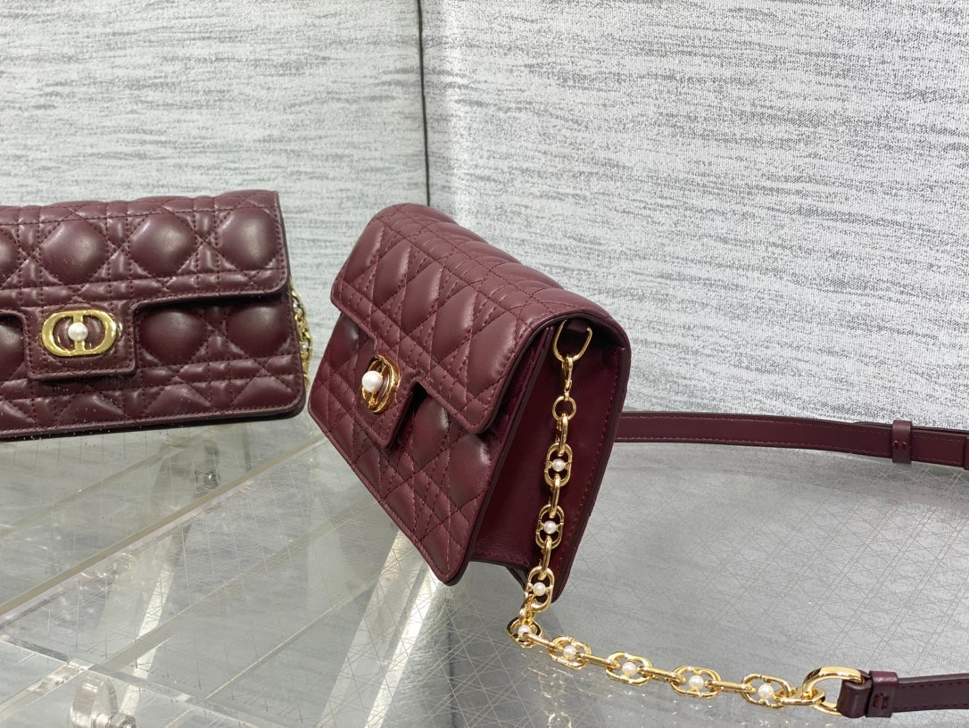 Dior Jolie Flap Bag Burgundy Cannage Lambskin & Gold Pearl — New