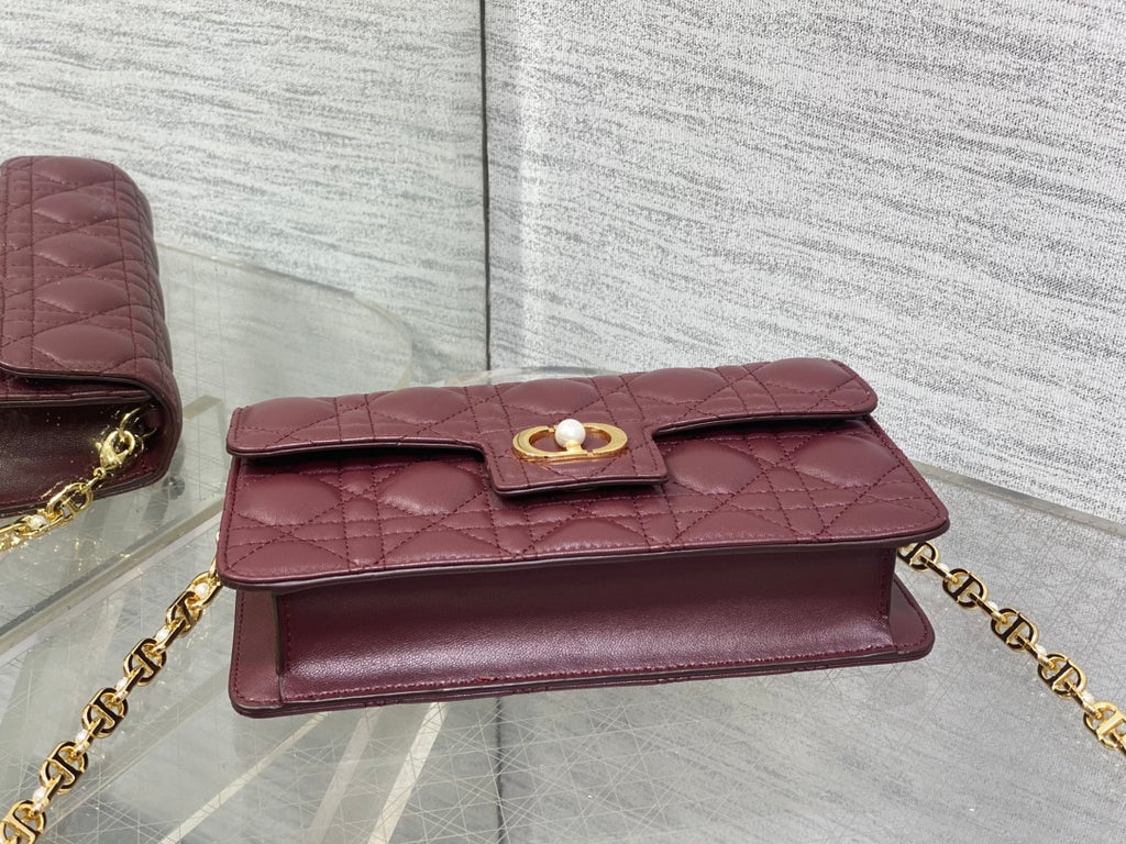 Dior Jolie Flap Bag Burgundy Cannage Lambskin & Gold Pearl — New