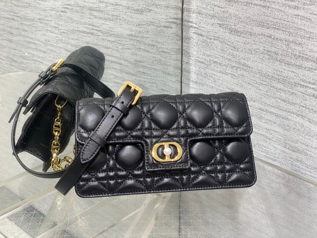 Dior Jolie Flap Bag Black Cannage Lambskin & Gold Pearl — New