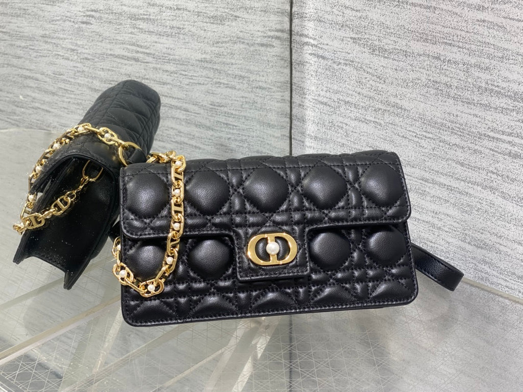 Dior Jolie Flap Bag Black Cannage Lambskin & Gold Pearl — New