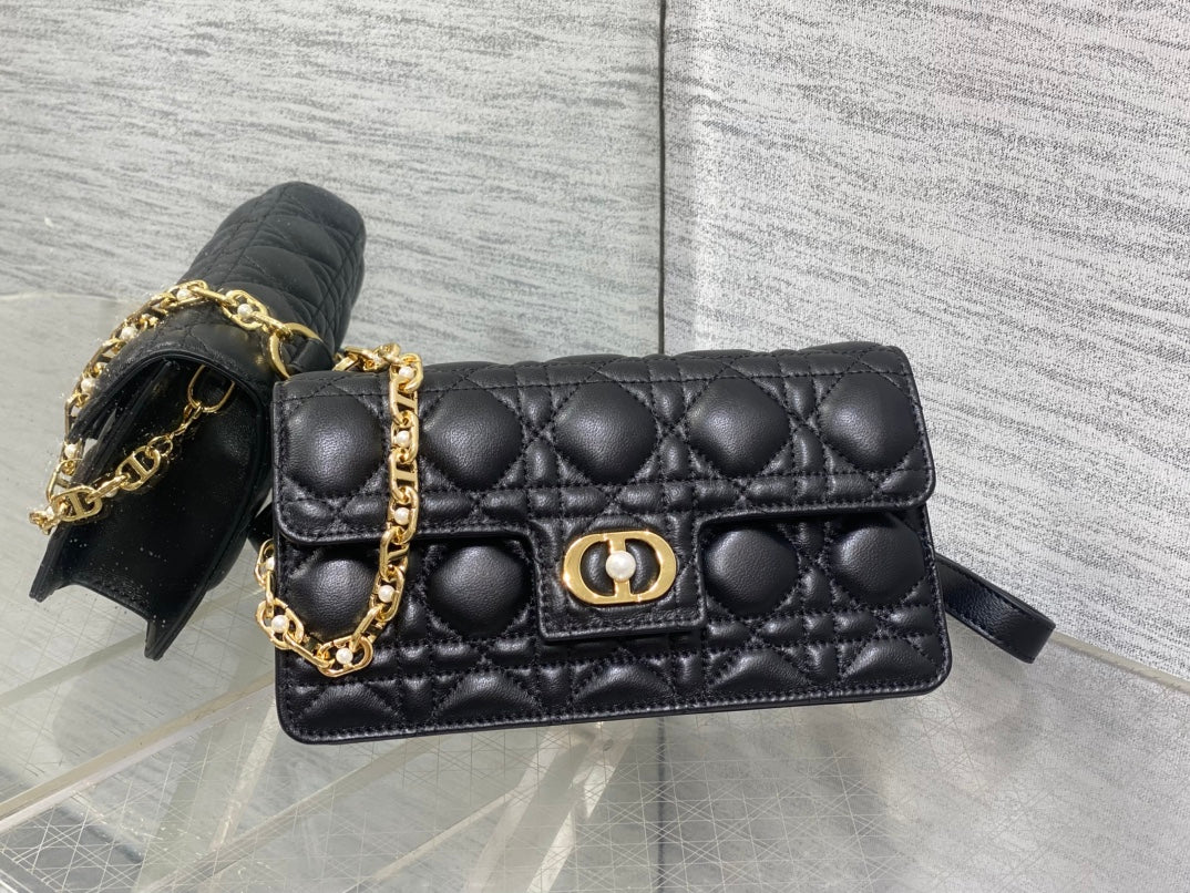 Dior Jolie Flap Bag Black Cannage Lambskin & Gold Pearl — New