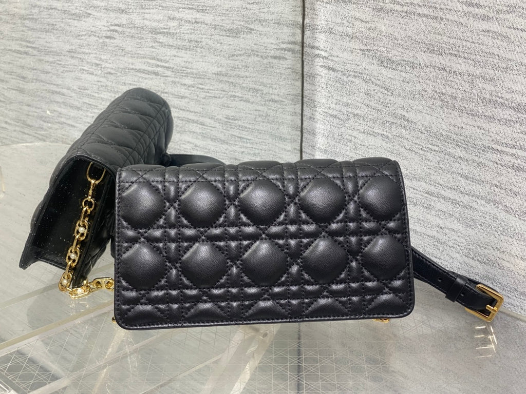 Dior Jolie Flap Bag Black Cannage Lambskin & Gold Pearl — New