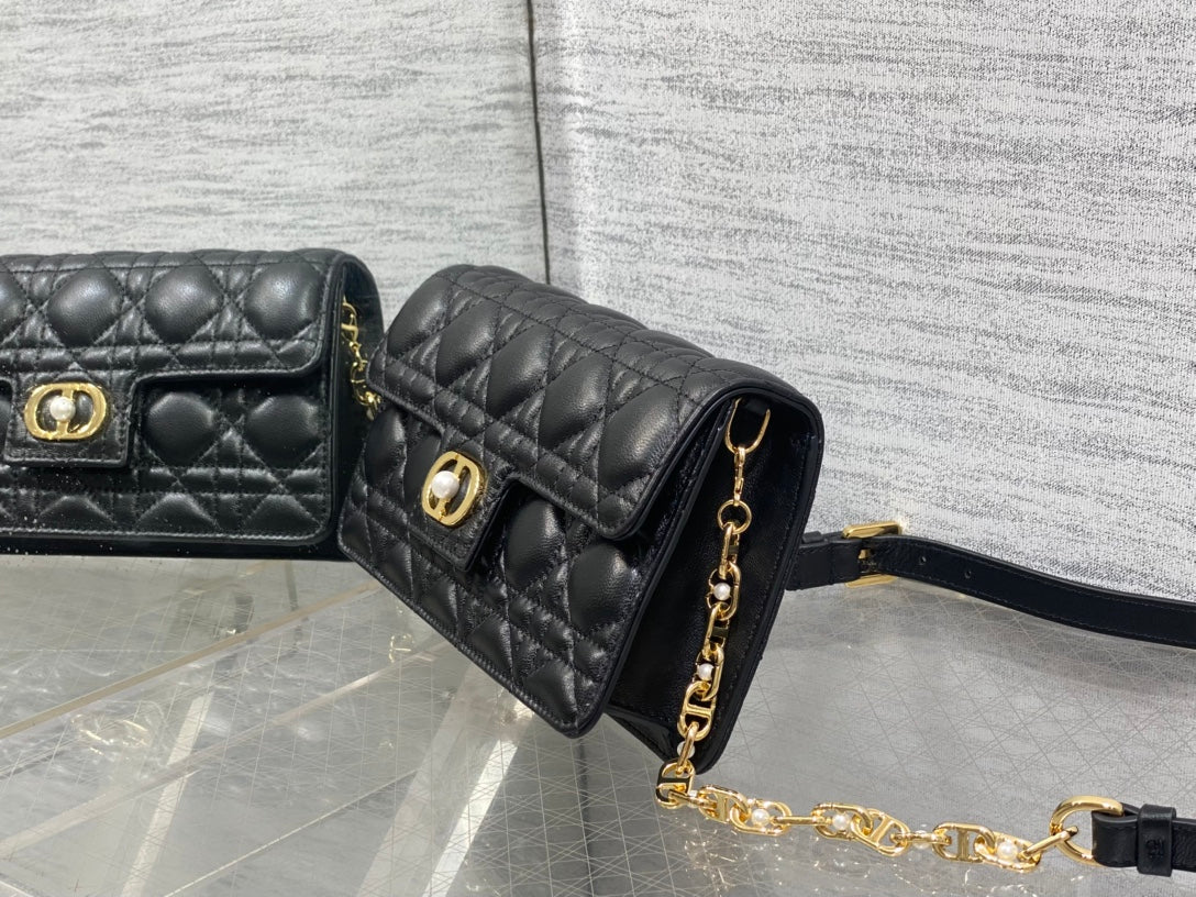Dior Jolie Flap Bag Black Cannage Lambskin & Gold Pearl — New
